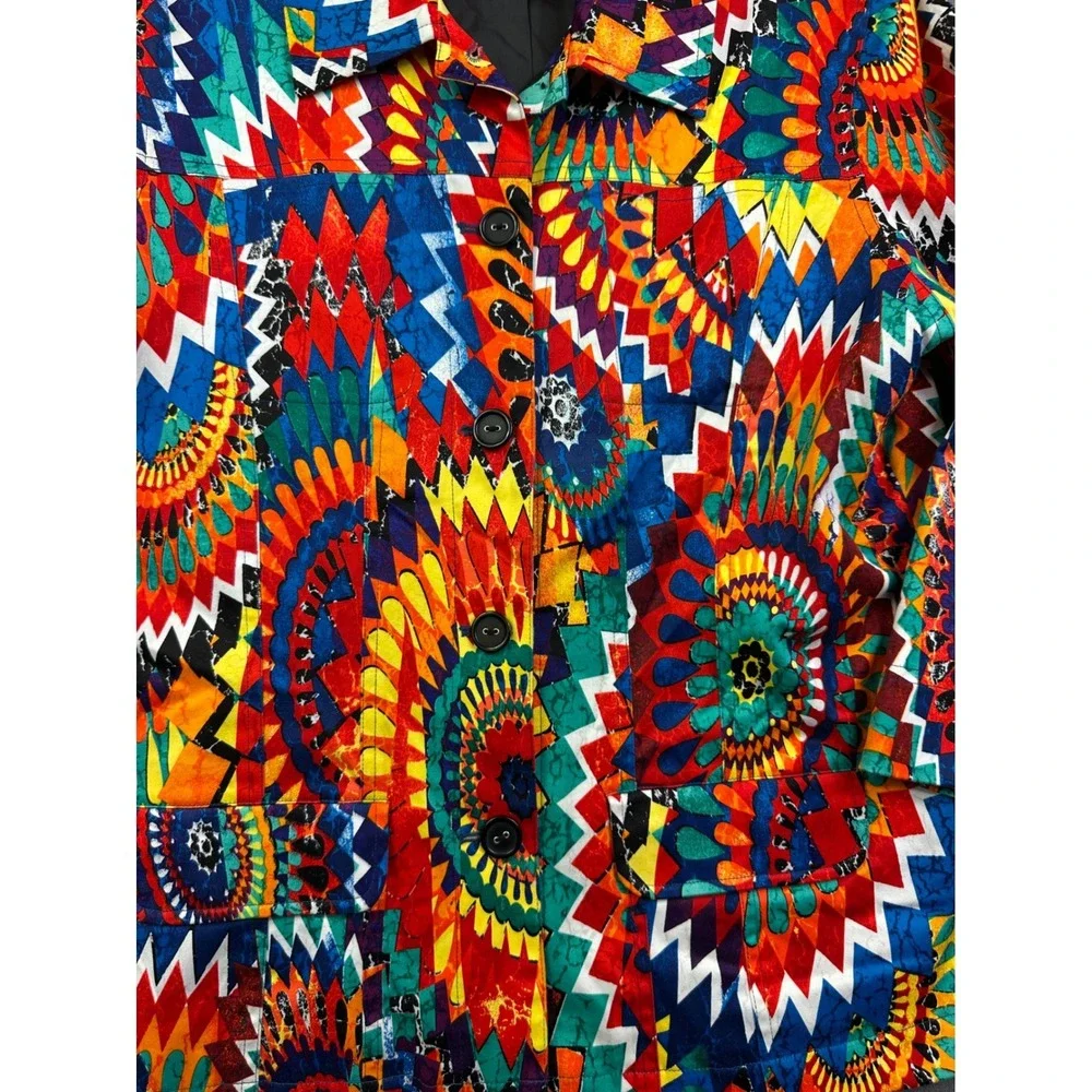 Chicos Women's Multi Color Geometric Sunburst Print Button‎ Front Jacket Size 1